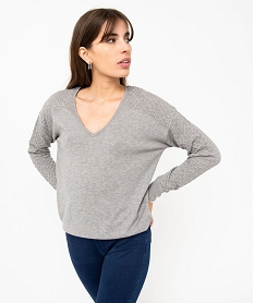 GEMO Pull avec double col V et manches fantaisie femme Gris