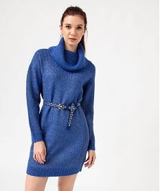 GEMO Robe pull pailletée avec grand col roulé femme Bleu