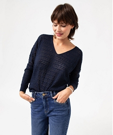 GEMO Pull col V en maille fine ajourée femme Bleu