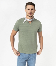 GEMO Tee-shirt manches courtes col fantaisie à rayures jacquard homme Vert