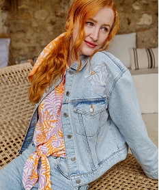 GEMO Veste en jean avec motifs fleuris brodés femme Bleu