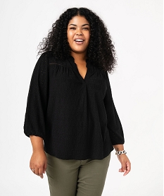 GEMO Blouse manches 34 en maille ajourée femme grande taille Noir