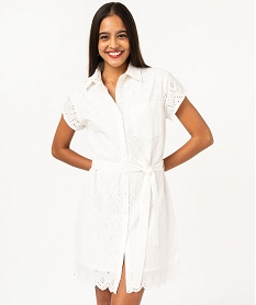 robe chemise manches courtes en broderie anglaise femme beigeJ760101_2