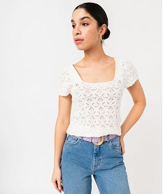 GEMO Pull manches courtes en maille ajourée et col carré femme Beige