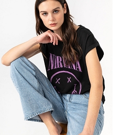 tee-shirt a manches ultra courtes imprime femme - nirvana noirJ775301_1