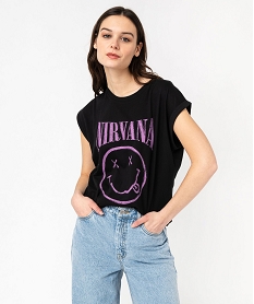 tee-shirt a manches ultra courtes imprime femme - nirvana noirJ775301_2