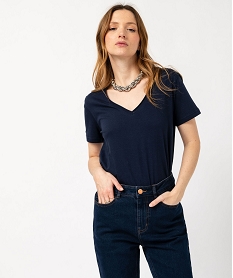 GEMO Tee-shirt à manches courtes avec col V roulotté femme Bleu