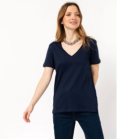 tee-shirt a manches courtes avec col v roulotte femme bleu t-shirts manches courtesJ776901_2