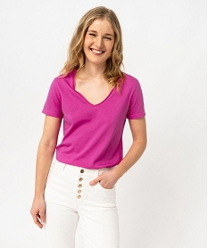 tee-shirt a manches courtes avec col v roulotte femme rose t-shirts manches courtesJ781901_1