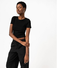 GEMO Tee-shirt manches courtes cropped en maille côtelée femme Noir