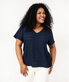 tee-shirt grande taille manches courtes en maille ajouree femme bleuK086701_1