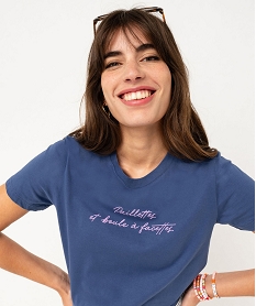 tee-shirt manches courtes en coton a message femme bleuK091501_4