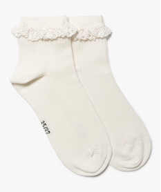 GEMO Socquettes en maille côtelée avec bord en dentelle femme (lot de 2 paires). blanc standard