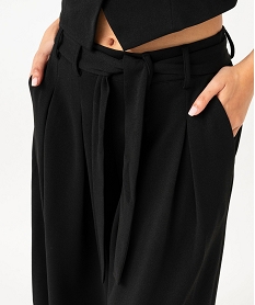 pantalon large et court en maille avec ceinture femme noir pantalonsK108501_4