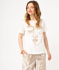 tee-shirt manches courtes avec motif visage brode femme beige t-shirts manches courtesK114301_1