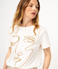 tee-shirt manches courtes avec motif visage brode femme beigeK114301_2