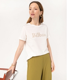 tee-shirt manches courtes avec inscription brodee femme beigeK118101_2