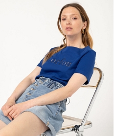 GEMO Tee-shirt manches courtes avec inscription brodée femme Bleu
