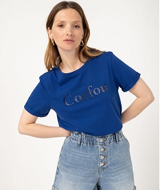 tee-shirt manches courtes avec inscription brodee femme bleuK118201_2