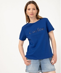 tee-shirt manches courtes avec inscription brodee femme bleuK118201_3