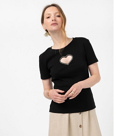 tee-shirt manches courtes en maille cotelee et ajouree femme noirK118501_2