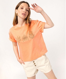 tee-shirt manches courtes crop top avec motif brode femme orange t-shirts manches courtesK119801_1