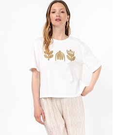 tee-shirt manches courtes crop top avec motif brode femme beige t-shirts manches courtesK119901_2