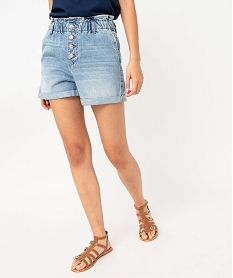 GEMO Short en jean coupe large ceinture élastique froncée femme Bleu