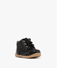 chaussures premiers pas bebe fille bottillons dessus en cuir motif leopard ton sur ton noir standardK192001_2