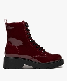 GEMO Boots femme vernies avec semelle crantée épaisse à zip et à lacets rouge standard