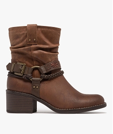 GEMO Boots à petit talon carré avec col effet drapé et brides fantaisie marron standard