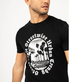 tee-shirt manches courtes en coton imprime homme noirK304401_2