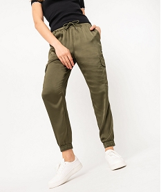 pantalon cargo en satin a taille elastiquee femme vert pantalonsK319601_1