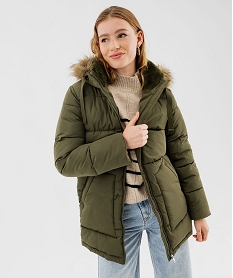 GEMO Manteau matelassé à capuche en fourrure imitation femme Vert