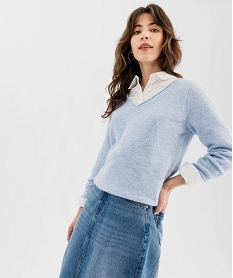 GEMO Pull col V avec finitions roulottées femme Bleu