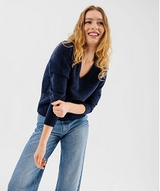 GEMO Pull col V avec finitions roulottées femme Bleu