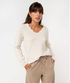 GEMO Pull en maille col V finitions dentelées femme Beige