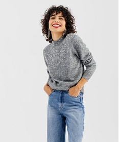 GEMO Pull en laine à strass et perles femme Gris