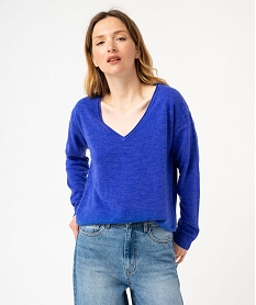 GEMO Pull à col V finitions roulottées femme Bleu