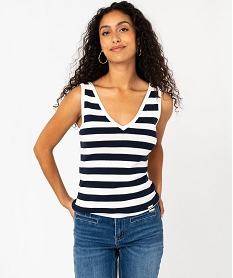 GEMO Pull sans manches à col V en fine maille rayée femme - LuluCastagnette Bleu