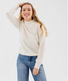 GEMO Pull en maille ajourée avec col montant froncé femme Beige