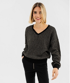 GEMO Pull col V à fil pailleté femme Noir