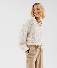 GEMO Pull loose col V en maille ajourée femme Beige