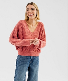 GEMO Pull loose col V en maille ajourée femme Rose