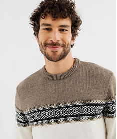 GEMO Pull col rond à bande jacquard homme Blanc