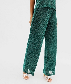 GEMO Pantalon large et fluide en maille plissée et pailletée femme Vert