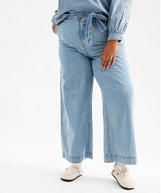 GEMO Jean wide leg en denim de coton fin avec ceinture à nouer femme grande taille Bleu