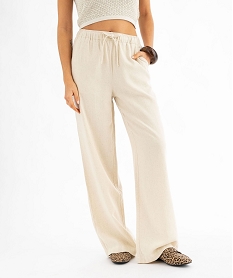 GEMO Pantalon large en viscose et lin avec taille élastiquée femme beige standard