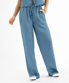 GEMO Pantalon large et fluide en satin froissé femme bleu standard