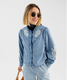 GEMO Chemise en jean manches longues coupe large à broderies femme Bleu